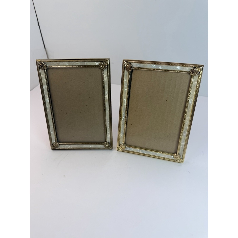 Vintage Stand Up Photo Frames Gold Brass Tone Metal Pearl Color Accent Lot 2 4x6